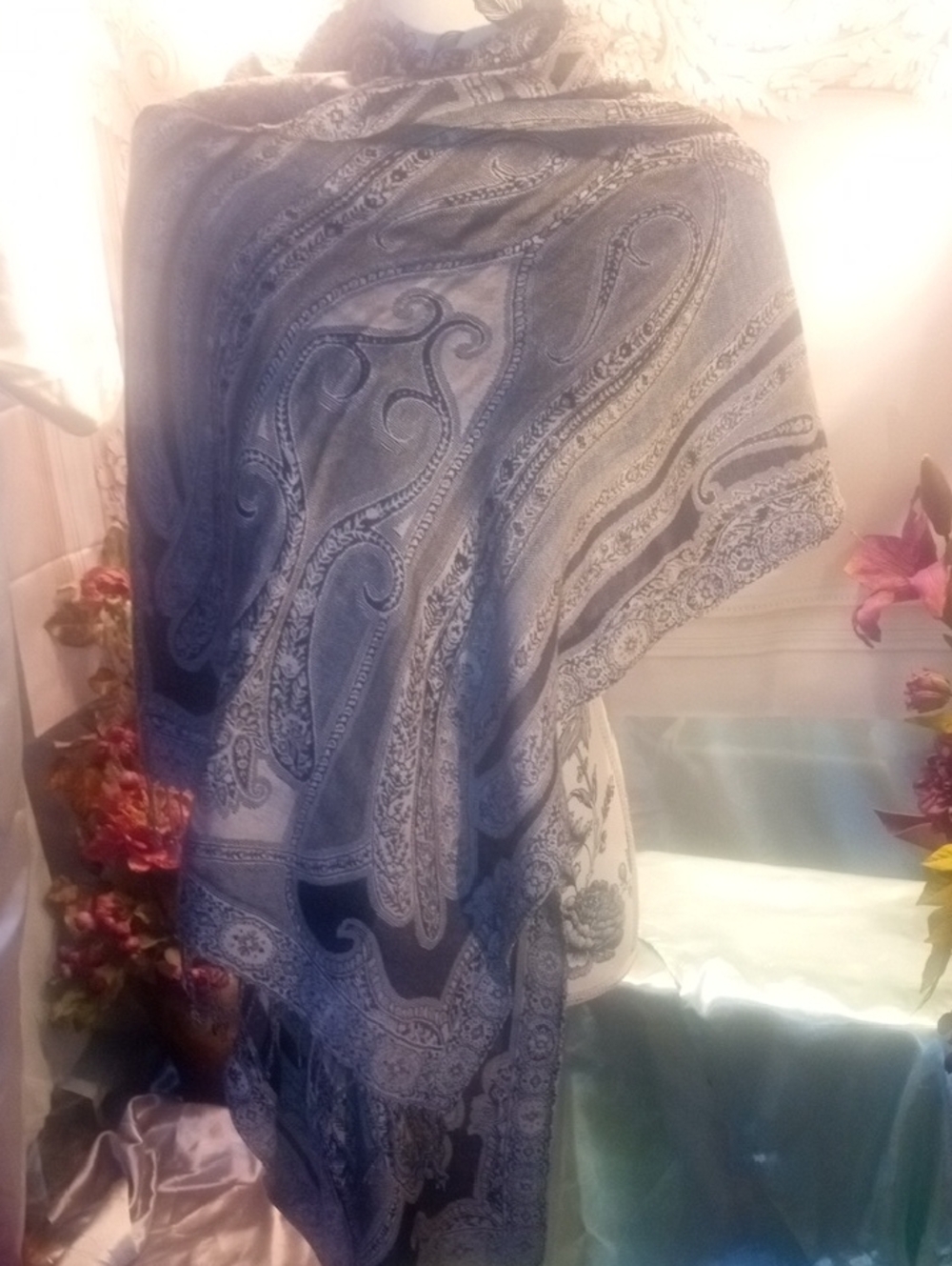 Source Unknown Blue and Gray Paisley Shawl Wrap